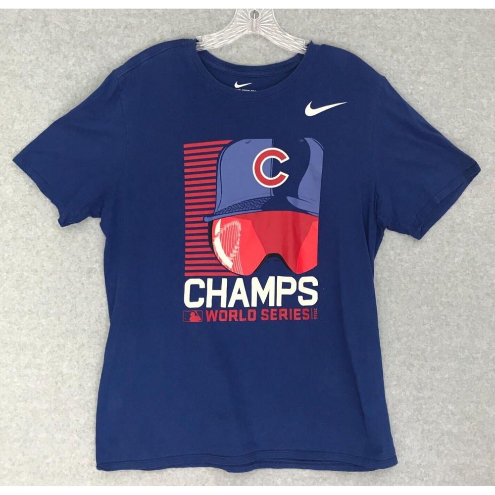 Nike Chicago Cubs Shirt Mens Large 2016 World Series‎ Champs Blue Short Sleeve